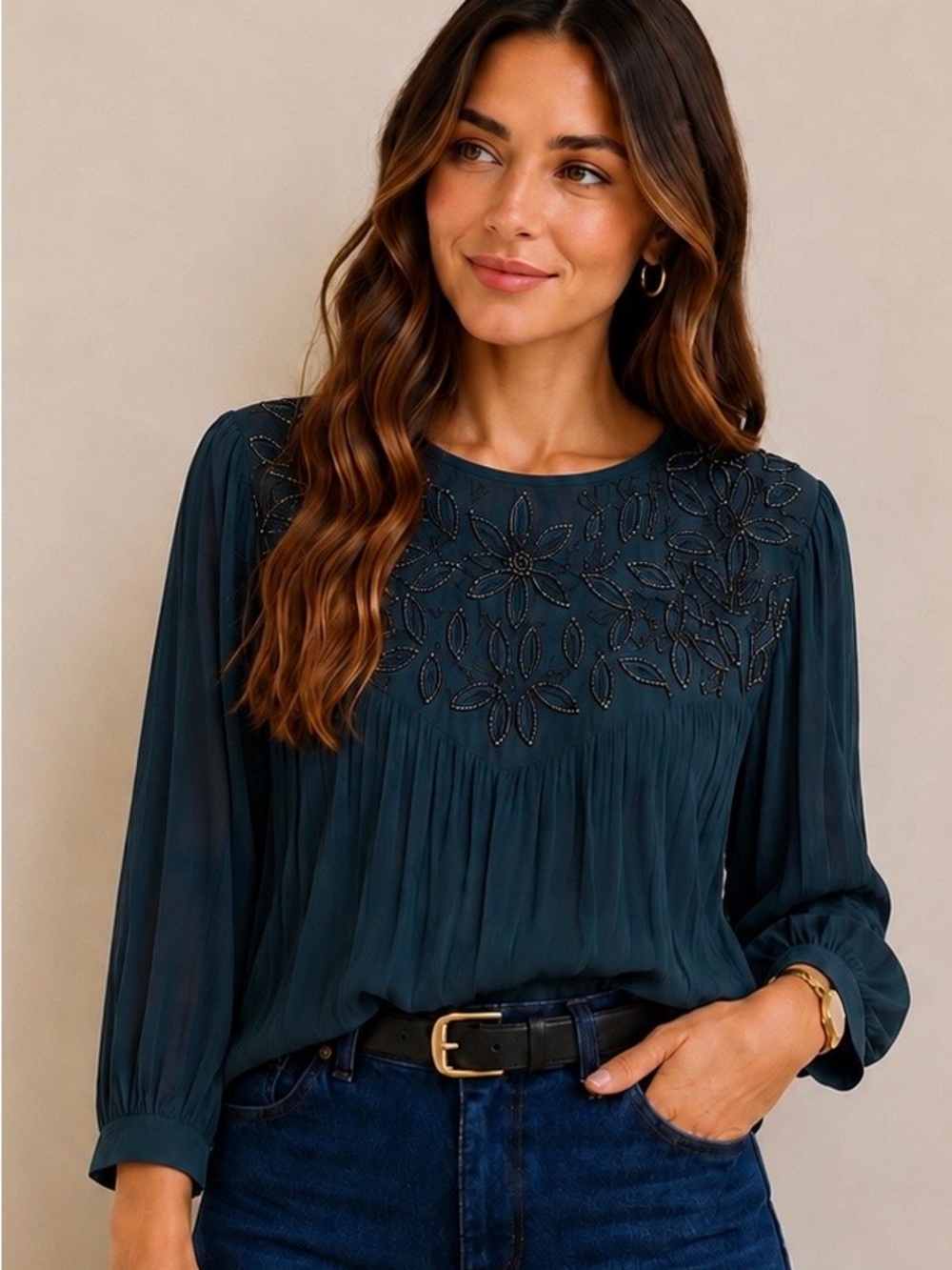MANGO Emerald Green Embroidered Beaded Long Sleeve Blouse Size L